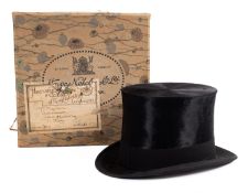 An early 20th Century black silk top hat, makers Cuthbertson of London.