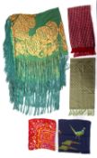 A group of five scarves, including a green 'Sammy' scarf,