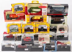 A collection of 1:76 scale die-cast vehicles. Including cars, buses, trucks, and figures etc.