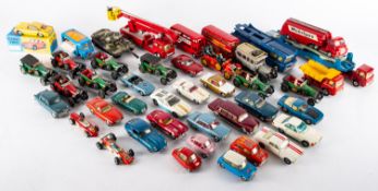 Two Corgi diecast car transporters together with a collection of cars.