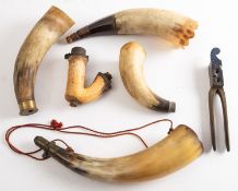 Five horn black powder funnels. Of various sizes and makes together with a brass No.