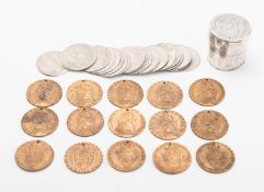 An 18th century silver engraved token box containing twenty-four engraved silver tokens,