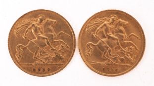 Two half Sovereign coins, comprising an Edward VII 1910 and a King George V 1912.