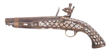 An Indian mother of pearl inlaid flintlock pistol.