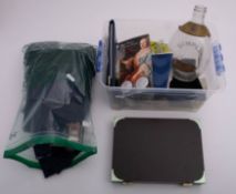 A mixed collection of coins and accessories.