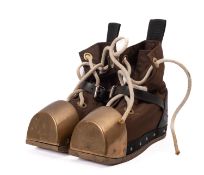 A pair of 20th Century brass and canvas diving boots, maker Desco of Milwaukee