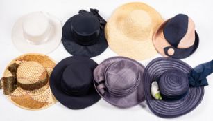 A group of various lady's dress hats, including a navy and cream 'Charter Hat', sun hats,