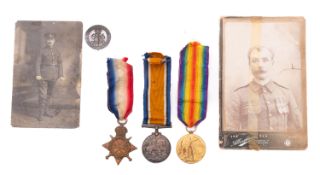 A WWI medal trio and wound badge awarded to 14921 Pte H Hook C GDS.