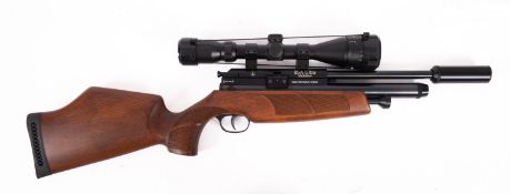 A BSA ultra multishot pre charged pneumatic air rifle in .22 calibre - with spare rotary magazine.