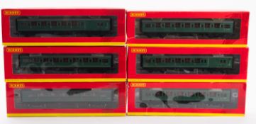 Six Hornby OO/HO BR Maunsell coaches.