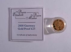 A Guernsey 2000 gold proof £25 quarter oz coin.