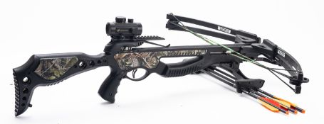 A Barnett Jackal crossbow. Having a composite stock with Barnett scope and three bolts.