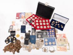 WITHDRAWN LOT A large collection of crown sized coins, £5 pieces, banknotes, coin sets 1818, 1836,