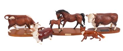 Five Beswick animal groups, comprising Hereford Bull Champion of Champions, a large Fox,