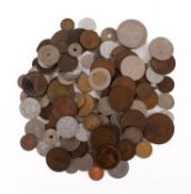 A mixed bag of world coins, including an 1868 France Napoleon half franc, a 1964 USA half dollar,