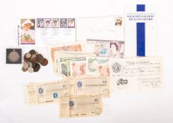 Collection of coins and banknotes including Beale white, £5 note, Somerset £20 note,