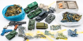 A mixed collection of model soldiers and vehicles.