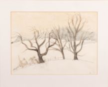 Angela Lowry (Contemporary) - Trees in snow fields below Prinknash Abbey - Pen, ink and watercolour