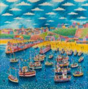 Paul Clark (British, Contemporary) - Newquay Harbour - Acrylic on canvas - 75 x 74.5cm, 83.5 x 83.