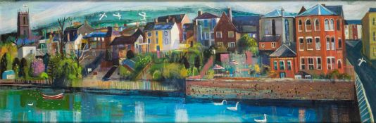 Mary Sumner (British 1957-2016 ) - View of Tiverton from the river - Oil on canvas - 39 x 116.