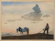 Hans Frank (Austrian 1884-1948) - Farmer ploughing with horse - Woodcut - 14.5 x 18.5cm, 28.