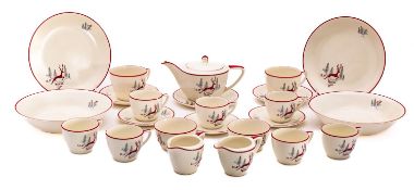 A Fieldings Crown Devon pottery part tea service in the Stockholm pattern with a red leaping deer