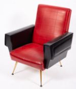 A Continental red and black leatherette upholstered lounge chair,