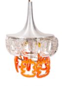 An aluminium, metal and glass hung electrolier,