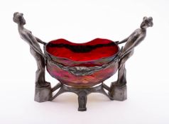 A Continental Secessionist pewter and iridescent glass vase,
