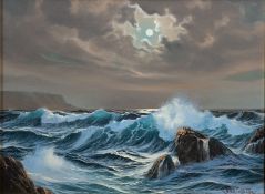 *Peter Cosslett (British, 1927-2012) - Breaking waves - Oil on board - 28 x 39cm,