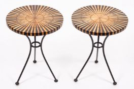 A pair of partially stained hardwood circular occasional tables,