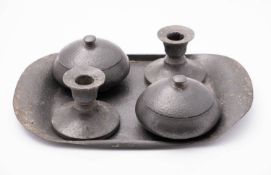 A Liberty Tudric pewter dressing table part set,