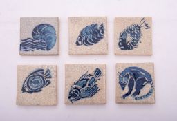 Iris Milward [Contemporary] six small tiles, painted in blue with fish and other animals, 7 x 7cm.