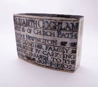 Annabel Faraday [born 1949] a stoneware vase of slab built bowed rectangular form with text to the