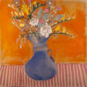 Anonymous (Contemporary) - A still life of flowers in a blue jug set on a pink striped tablecloth
