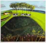 Mary Sumner (British 1957-2016) - 'Devon Hill and Cows' - Oil on board - 34 x 37cm,