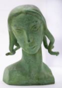 A verdigris patinated copper alloy bust of a maiden, 20th century; her head declined to dexter,