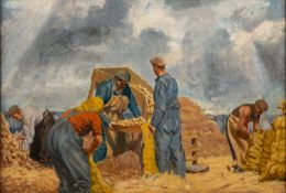 British School, 20th Century - Farming potatoes - Oil on board - 36 x 53cm, 50.5 x 67.5cm framed.