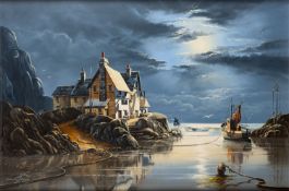 David James (British, b.1944) - The Ship Inn on the sea - Oil on canvas - 50 x 75cm, 68 x 93.