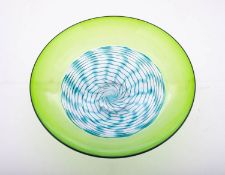 Bob Crooks First Glass open lattice bowl with central blue trails on a clear ground within a green