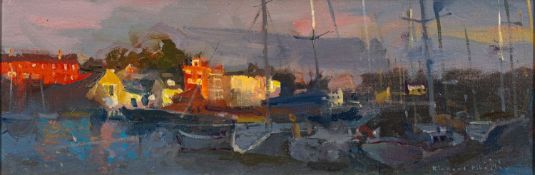 Richard Pikesley (b 1951) - Lifeboat and visiting Yachts - Oil on canvas - 15 x 34cm,