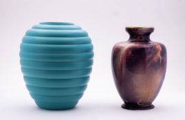 A St. Clement art pottery vase of banded oviform under blue green glazes,