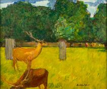 * Ruskin Spear (British 1911-1990) - 'Deer in Parkland' - Oil on canvas - 49 x 59.5cm, 67 x 77.