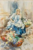 Gordon King (British, 1939-2022) - The flower girl - Watercolour - 55 x 36.6cm, 78.5 x 60.