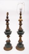 A pair of mottled green marble and gilt metal mounted table lamps,