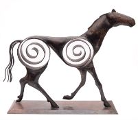 A black painted wrought iron model of a horse, modern; of stylised form,