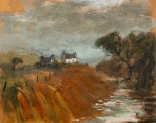 David Pearce (British, 20th Century) - Cottage by the River - Mixed media on panel -19.5 x 24.