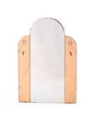 A partially tinted glass wall mirror, circa 1950s; the central arched plate with bevelled top,