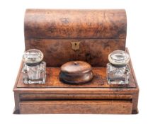 A Victorian walnut writing box, the dome