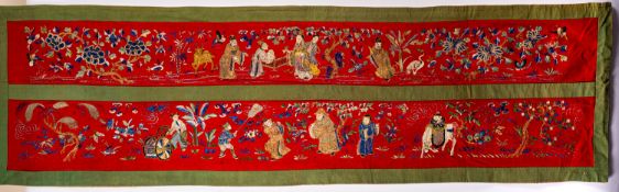 A group of four Chinese and Japanese silk embroidered panels, 20th century depicting peacocks,